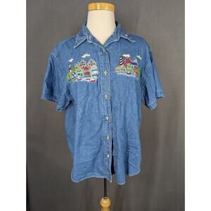 Vtg Cabin Creek Denim Button Up Shirt Sz PXL Embroidered Coastal Village
